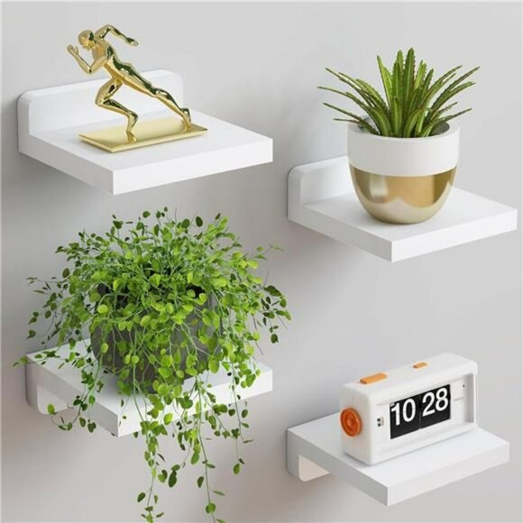 White Floating Wall Shelves Set of 4 Small Wood Shelf for Bedroom Bathroom - Picture 1 of 8